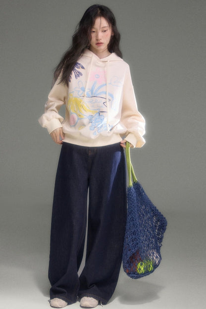 Ear Detail Bird Fruit Print Sweatshirt and Skirt Set-Up