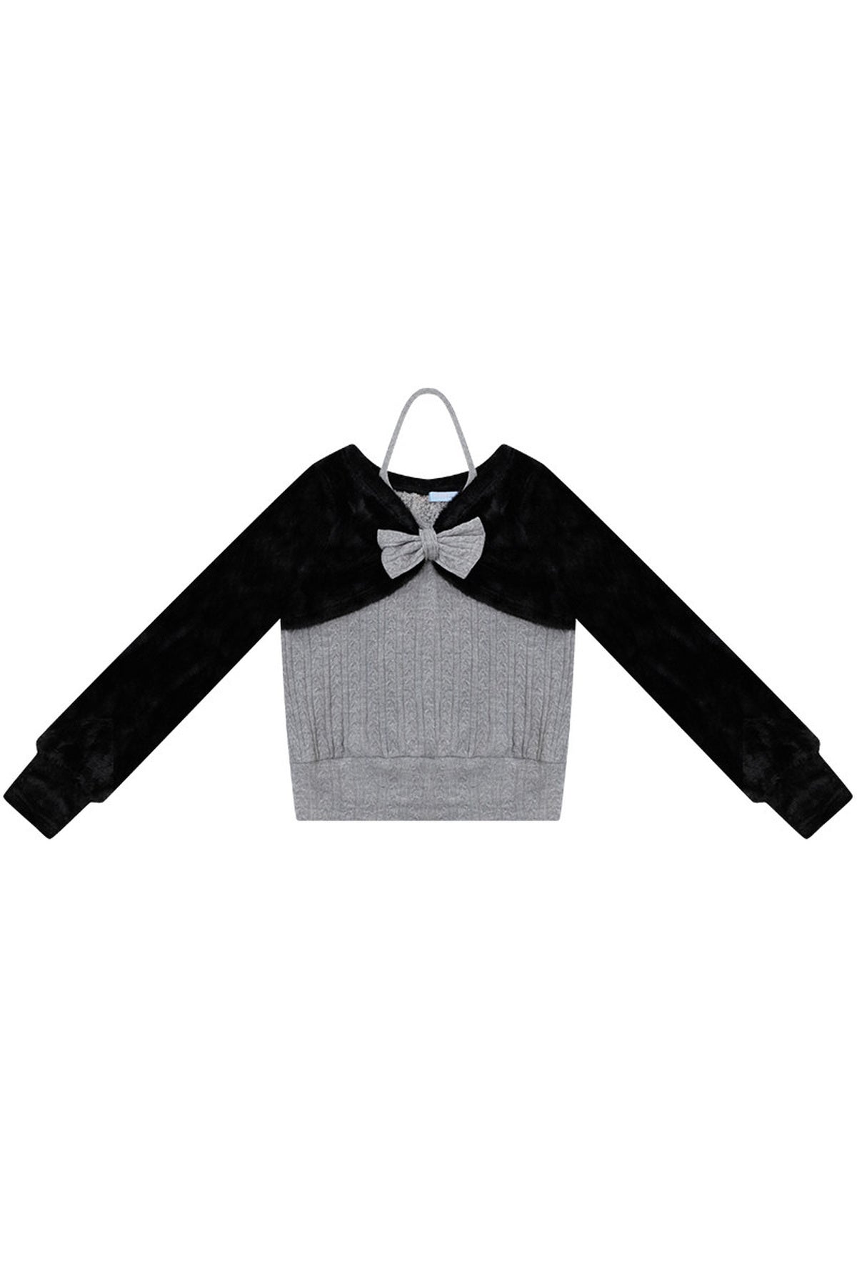 Maglione grigio in maglia con fiocco e scollo all'americana