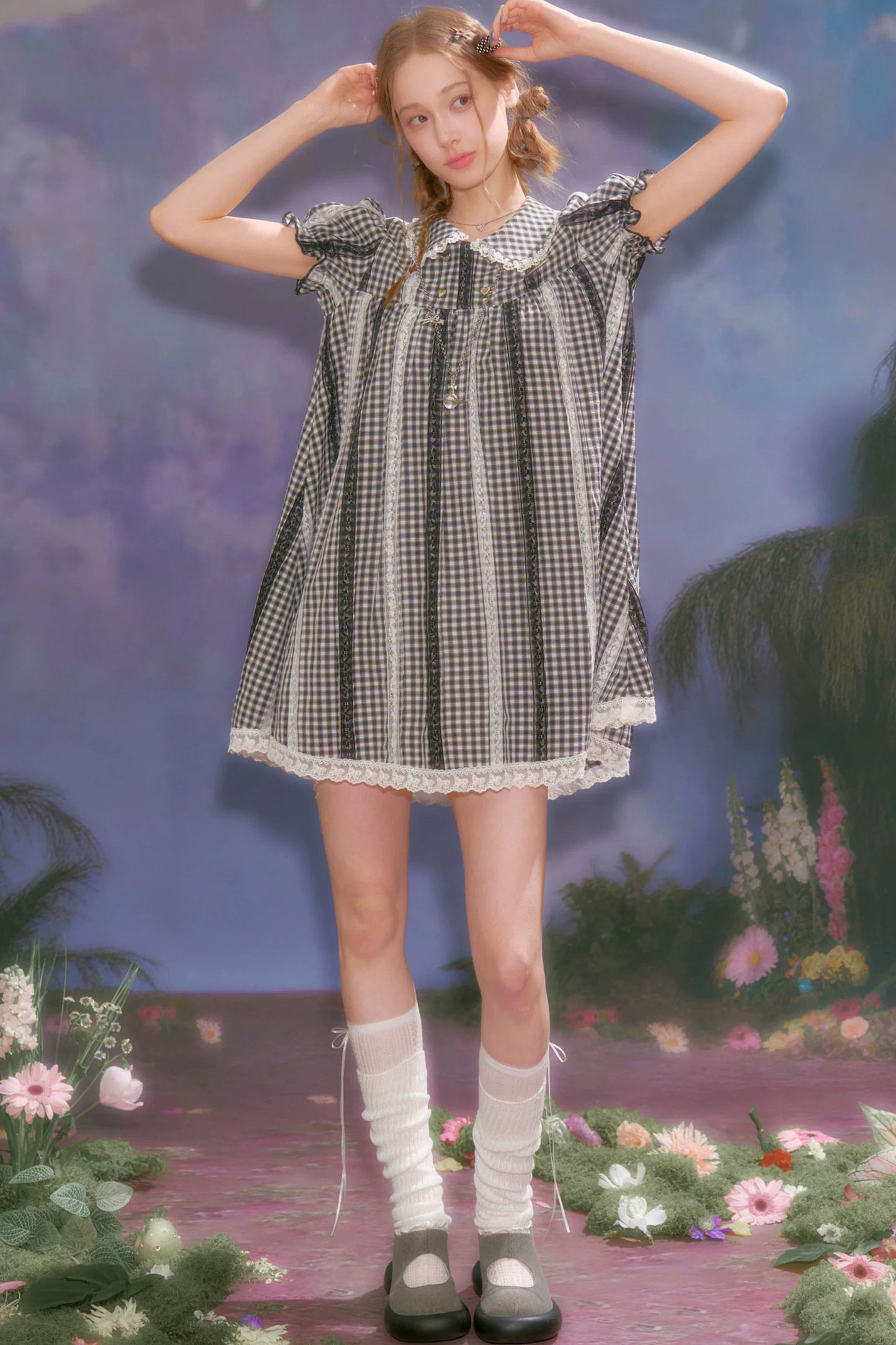 Retro Plaid Lace Puff Sleeve Dress