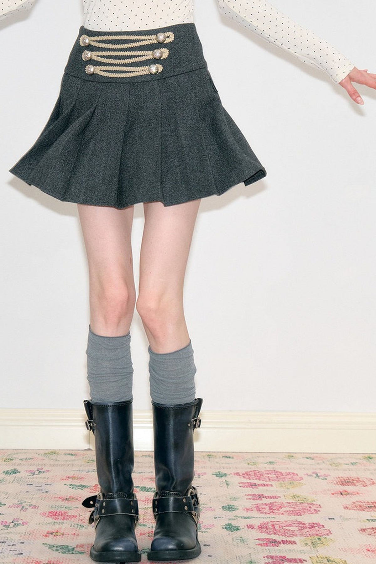 High-Waisted Double-Breasted Pleated Skirt