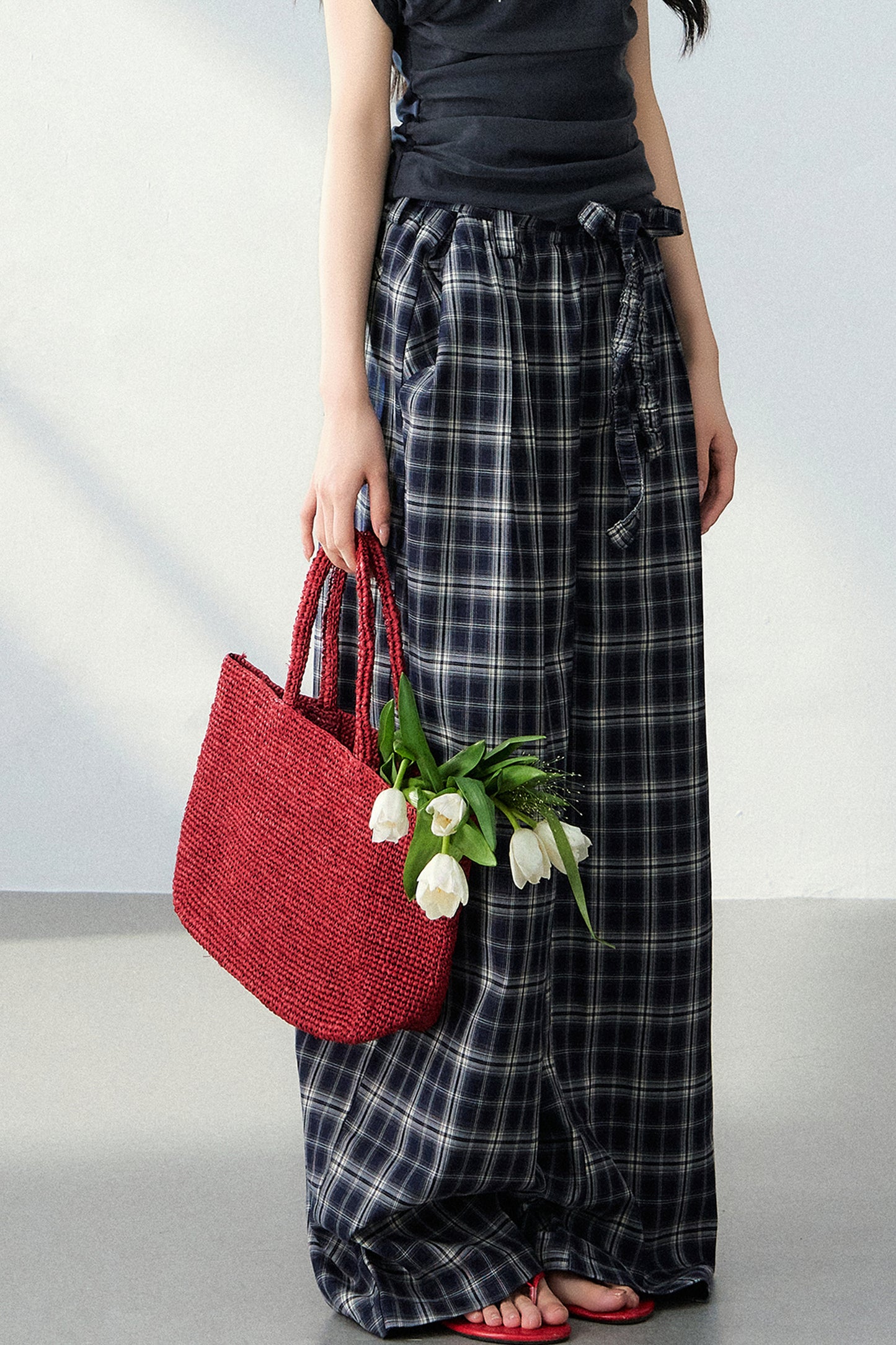 Navy Blue Plaid Wide-Leg Pants
