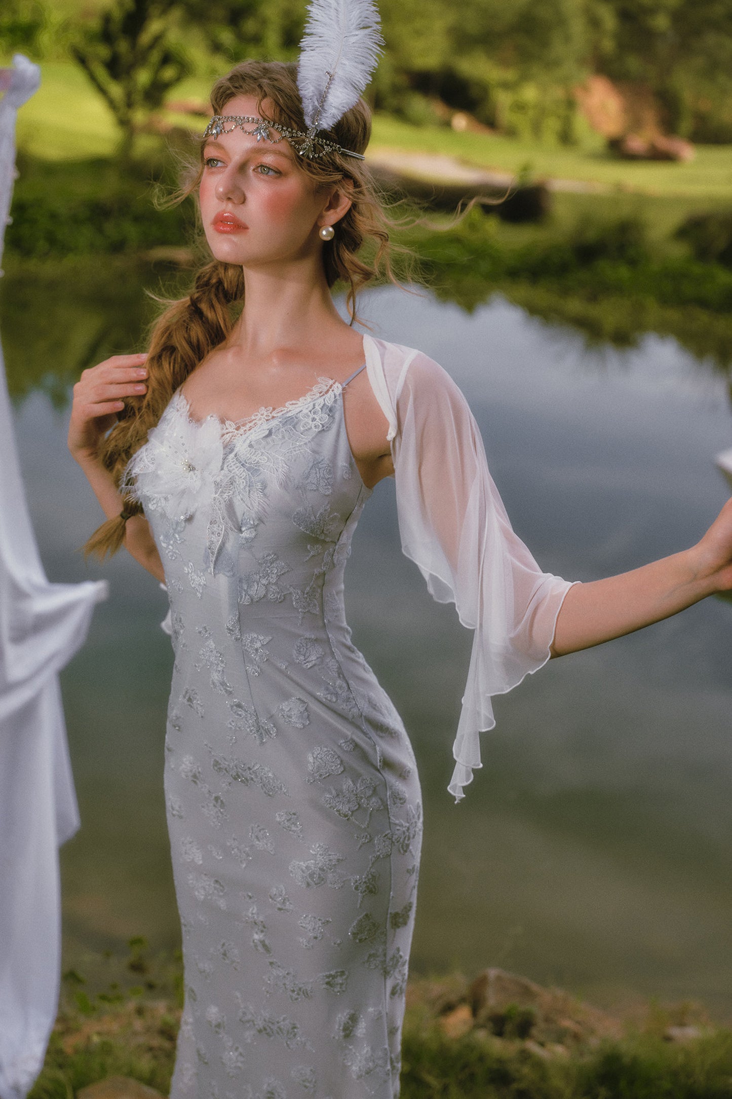 Little Swan Floral Fishtail Dress Shawl Set-Up