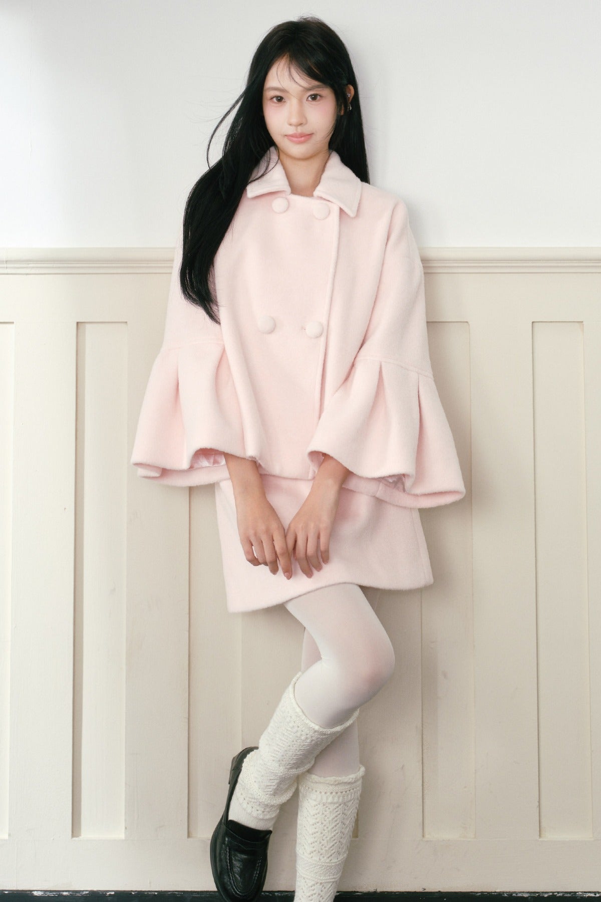 Completo cappotto e gonna in lana rosa