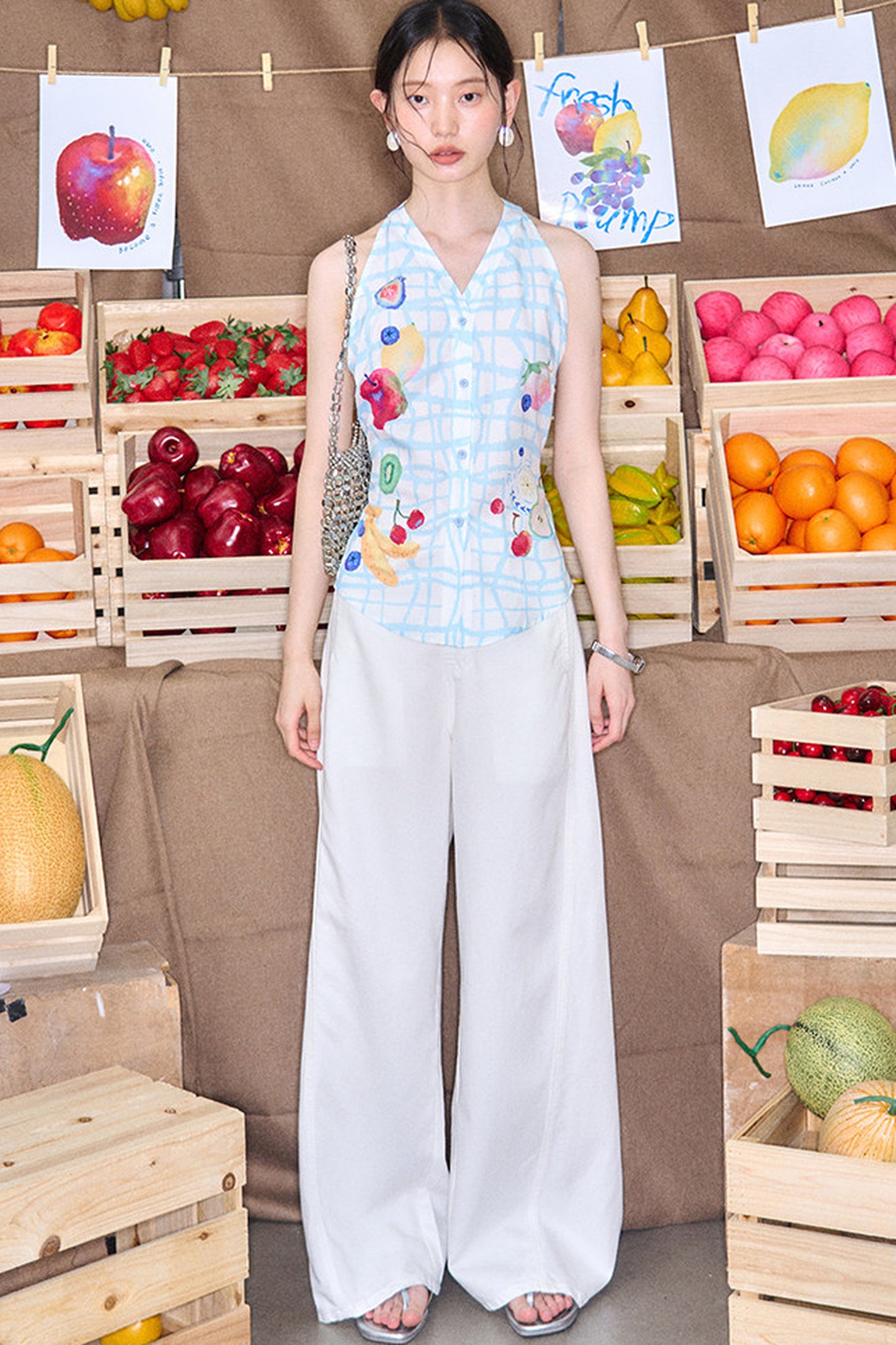 Fruit Print Halter Top and Skirt Set-Up