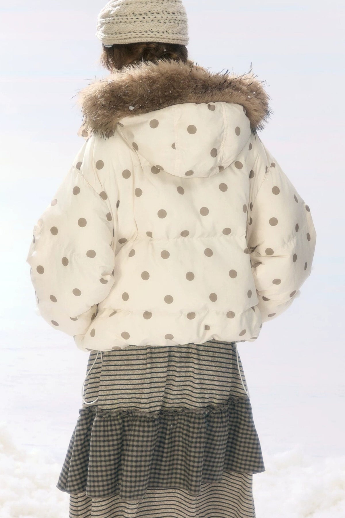 Polka Dot Fur Collar Hooded Down Jacket