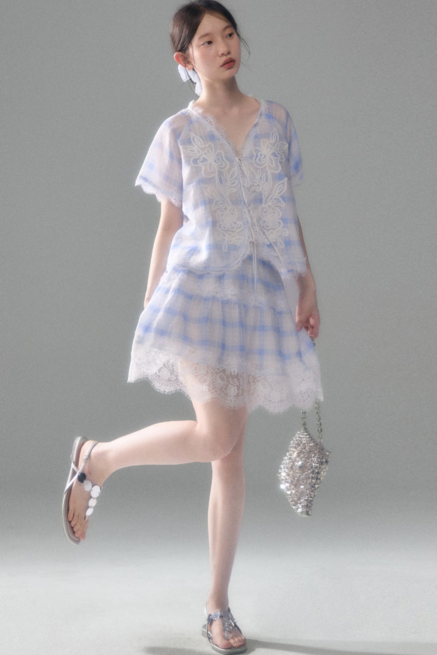 Blue White Checkered Lace Tencel Top Skirt Set-Up