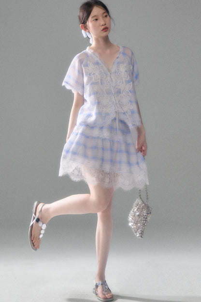 Blue White Checkered Lace Tencel Top Skirt Set-Up