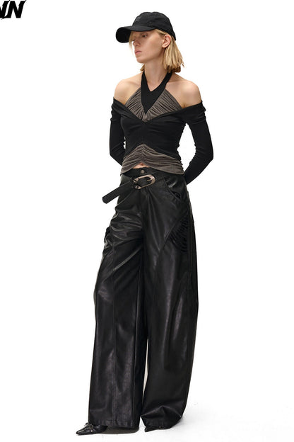 Bougainvillea Pleated Halter Neck Patchwork Irregular T-shirt
