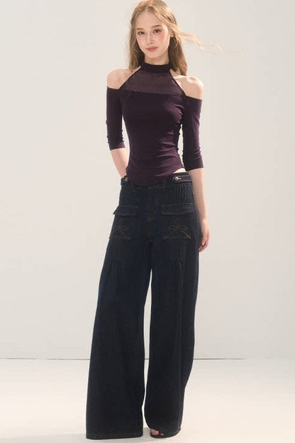 Pleated Pocket Wide Leg Jeans