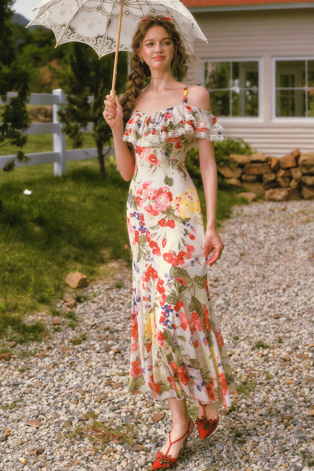 Floral Ruffled Elastic Mesh Long Dress