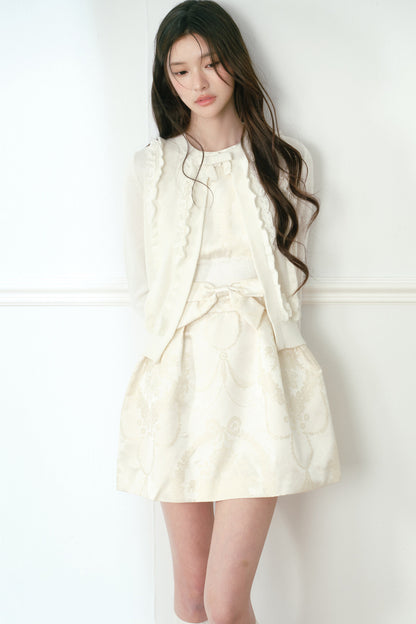 White Lace Trim Short Knit Vest Cardigan