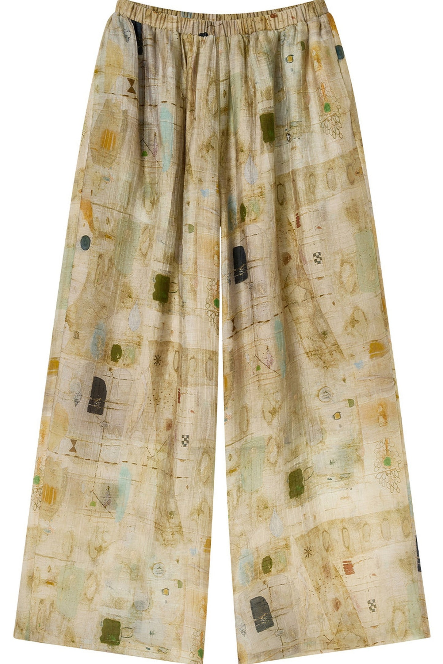 Pantaloni kaki a gamba larga con stampa astratta testurizzata