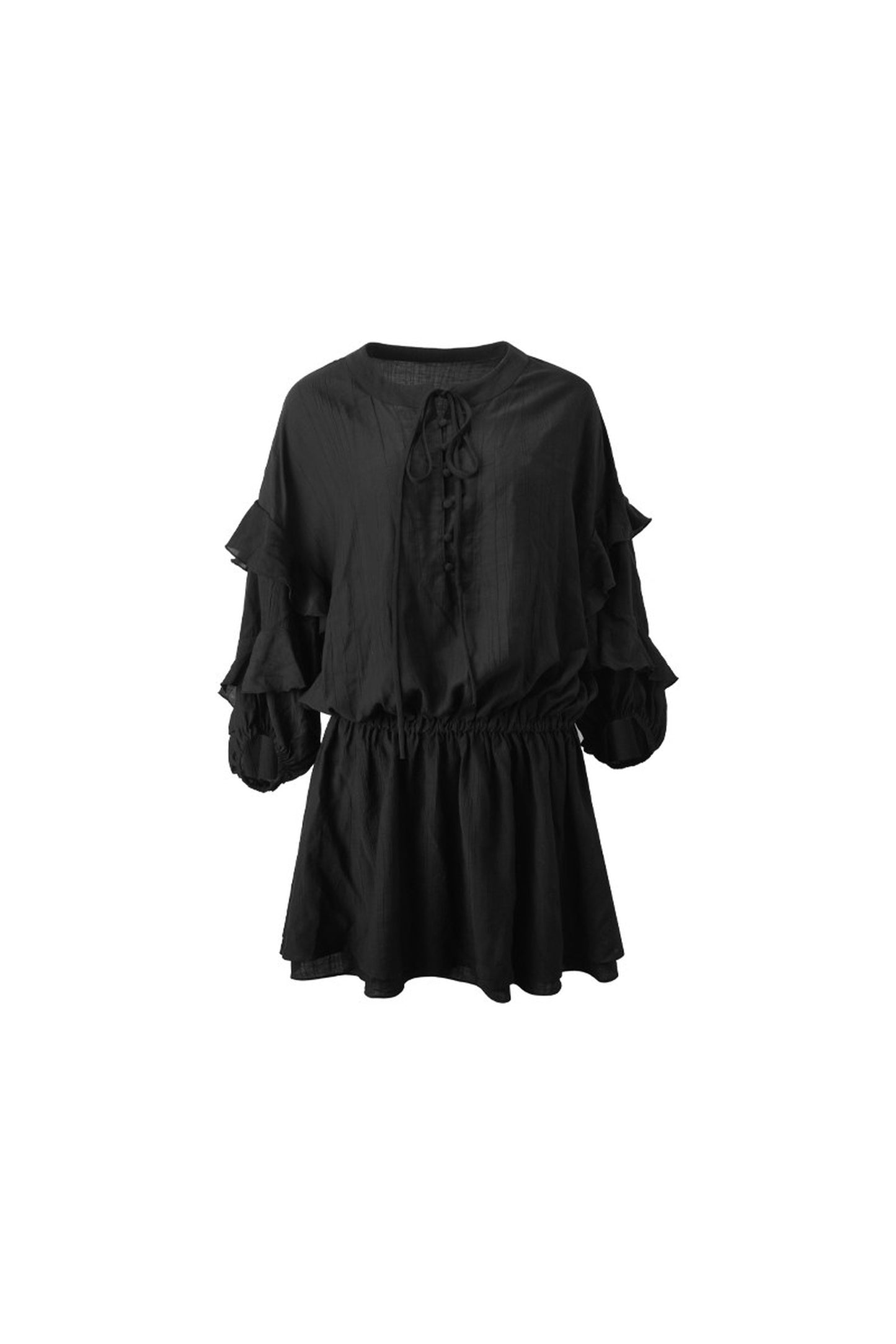 Black V-Neck Ruffle Lantern Sleeve Dress