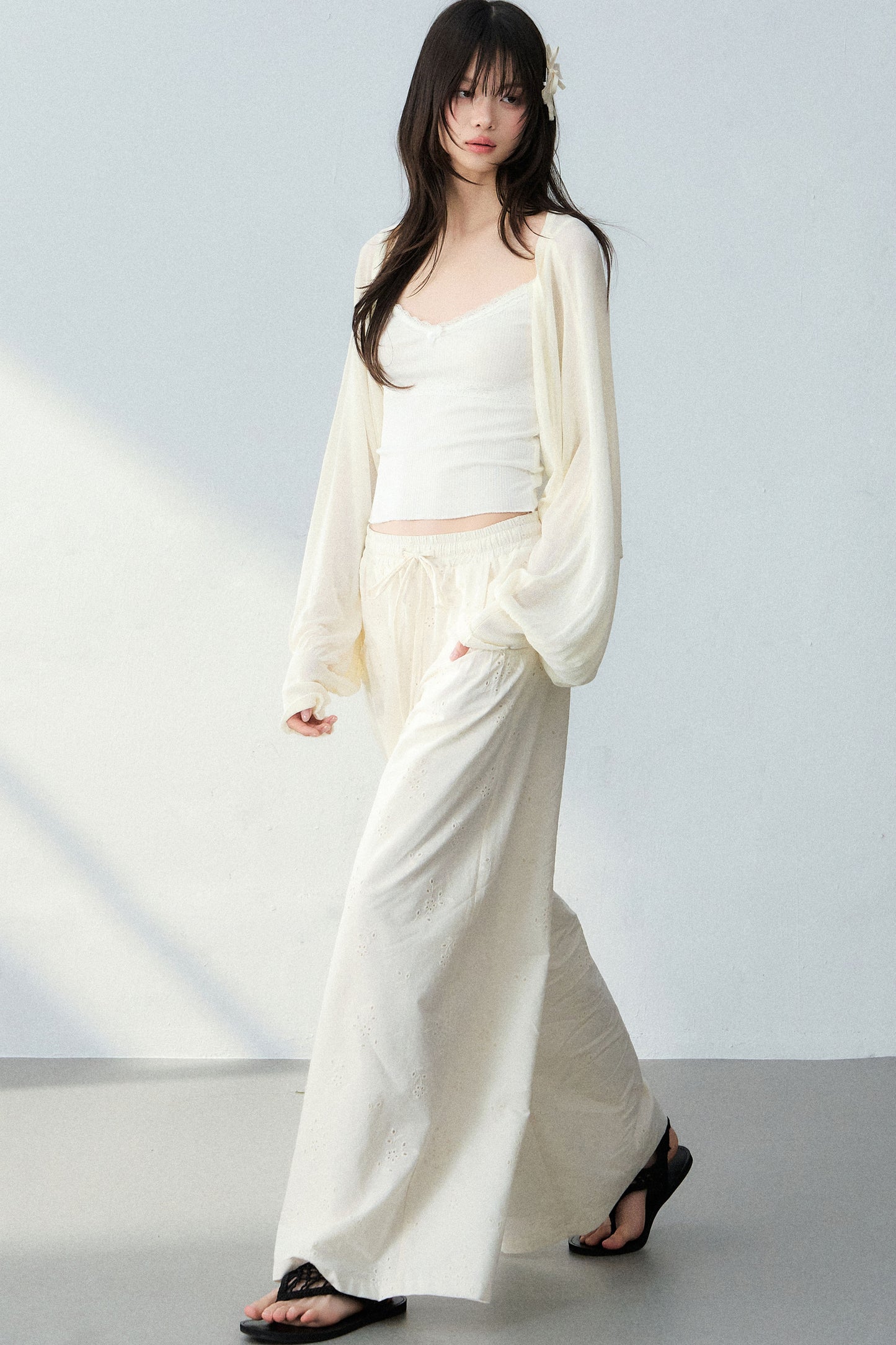 Batwing Cardigan & Camisole With Hollow Out Floral Pants Set-Up