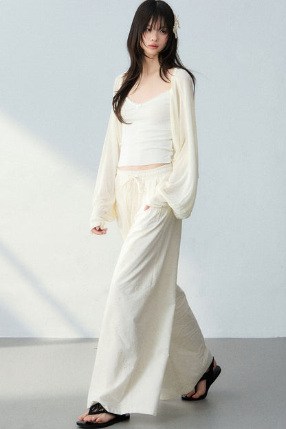 Batwing Cardigan & Camisole With Hollow Out Floral Pants Set-Up