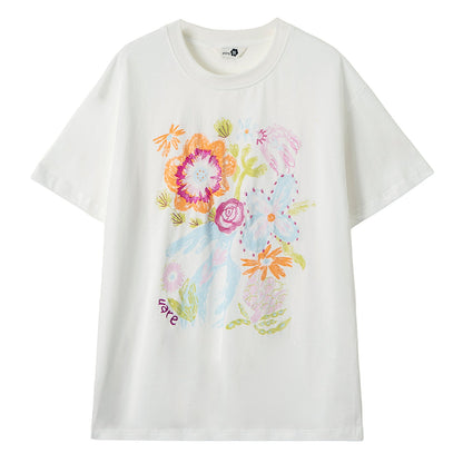 Hand-Painted Floral Bird Embroidered T-Shirt