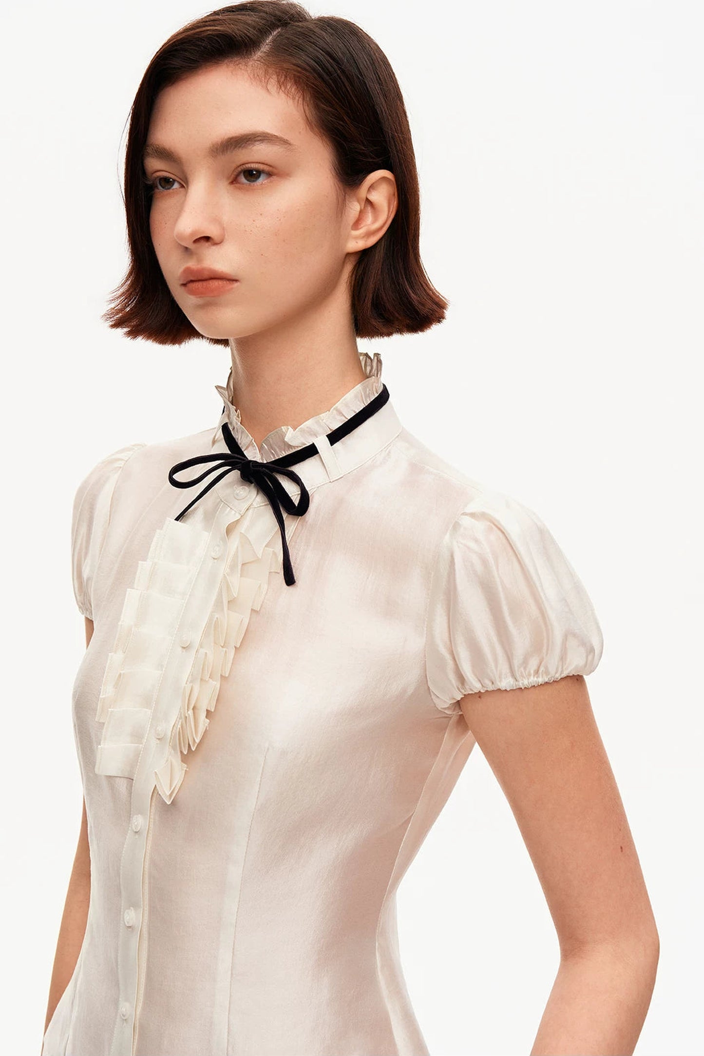 White Tencel Satin Puff Sleeve T-Shirt