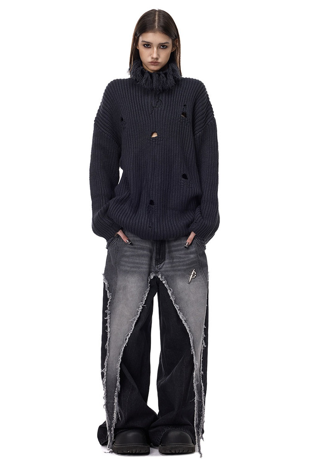 Tassel Turtleneck Ripped Oversized Sweater