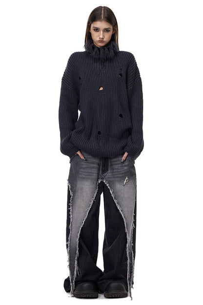 Tassel Turtleneck Ripped Oversized Sweater