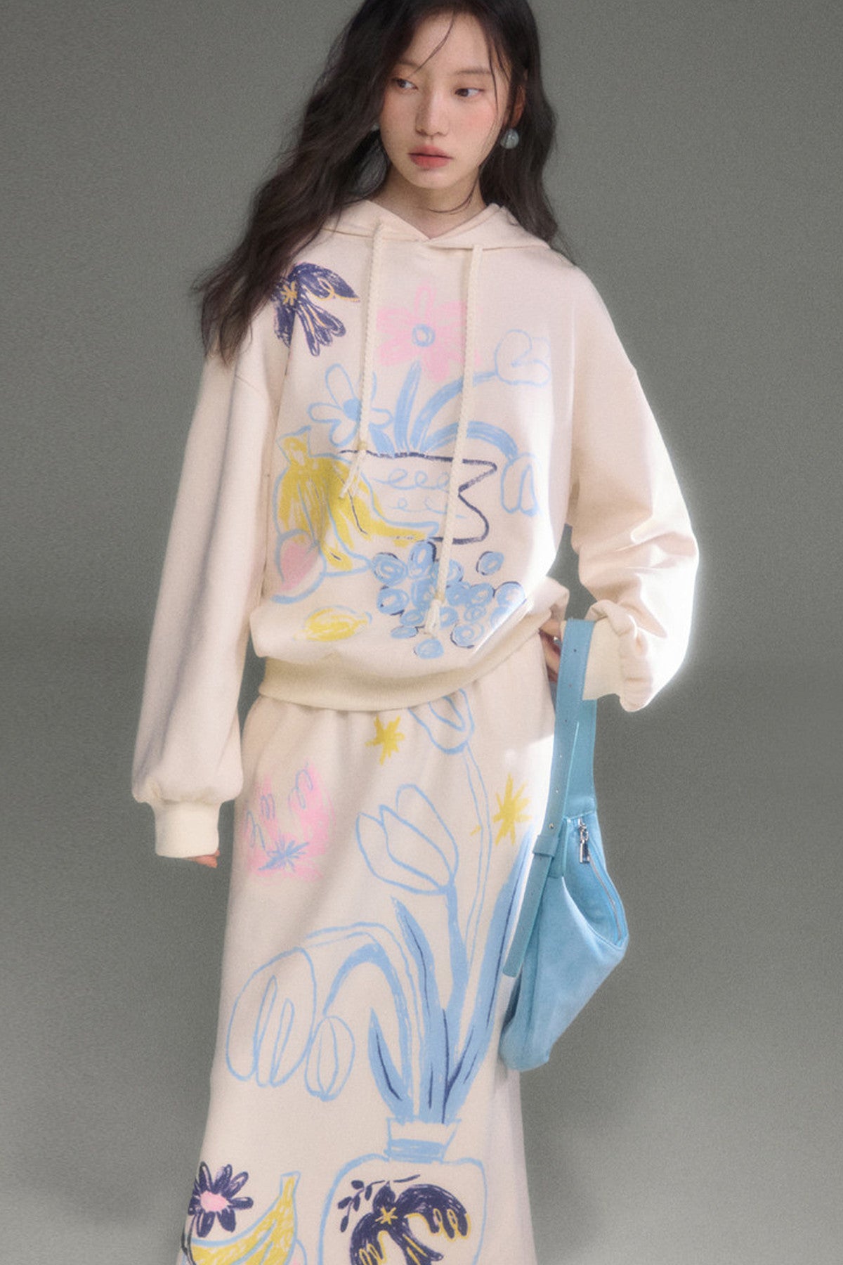 Ear Detail Bird Fruit Print Sweatshirt and Skirt Set-Up
