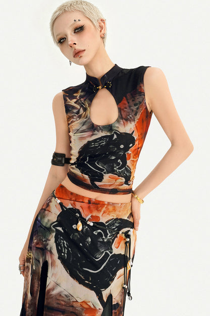 Oriental Ink Painting Print Double-Layer Mesh Tank Top Set-Up