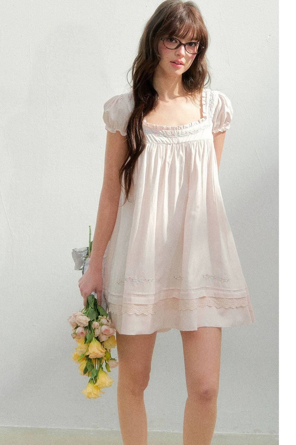 Square Neck Lace Embroidery Dress