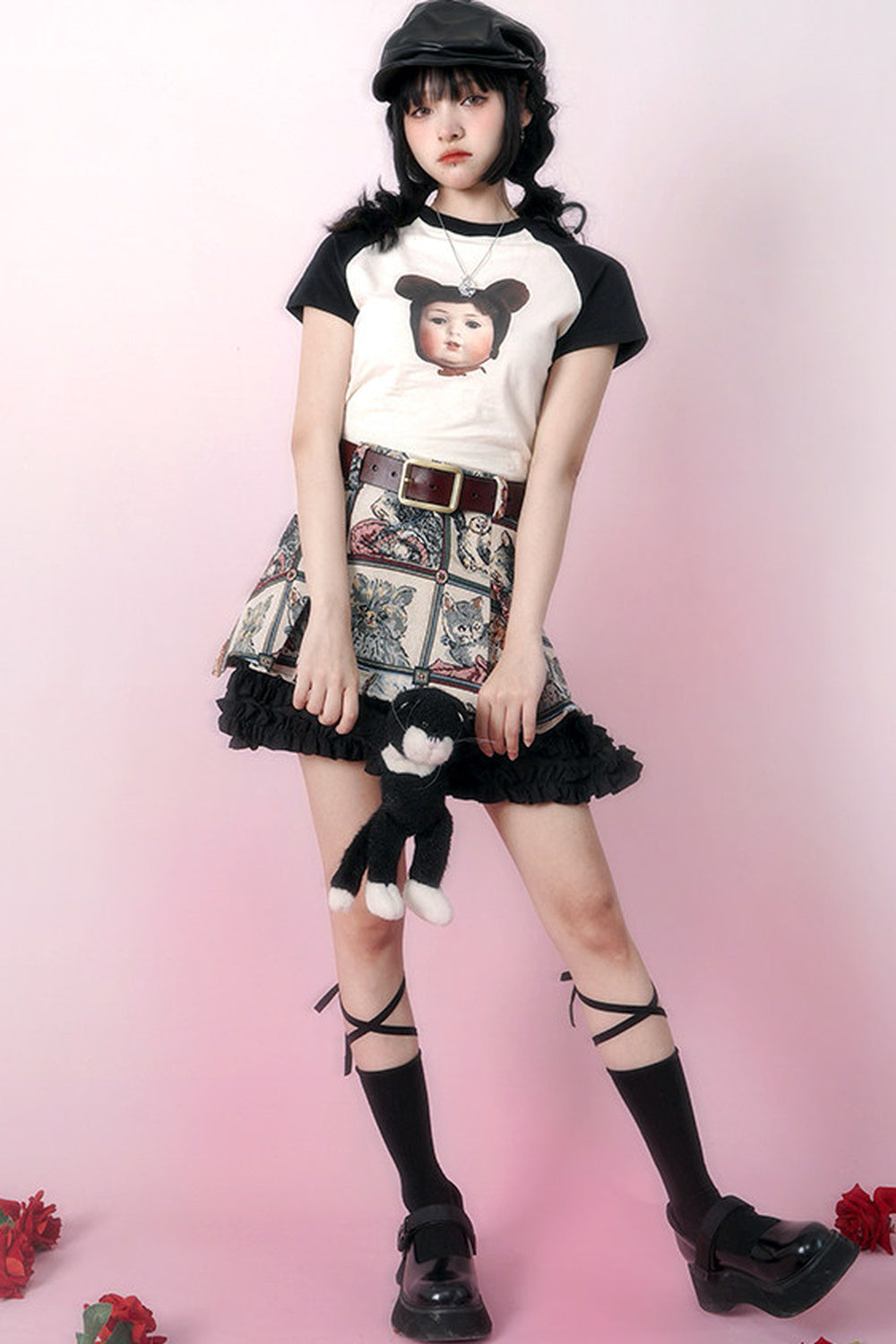 Bear Doll Print Patchwork T-shirt
