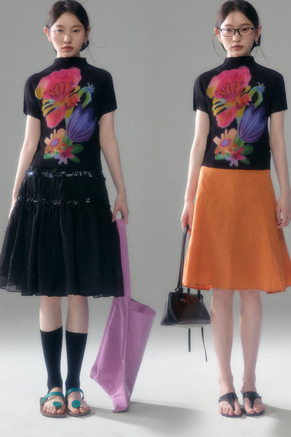 Floral Corn Pleat Knit Top