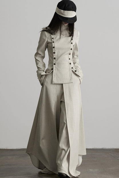 French Linen Blend Layered-Look Wide-Leg Pants