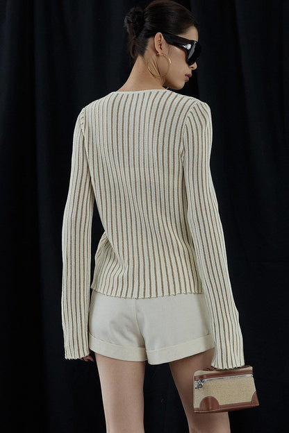 Apricot Striped V-Neck Tie Cardigan