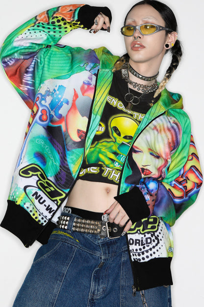 Y2K Alien Rave Print Hooded Jacket