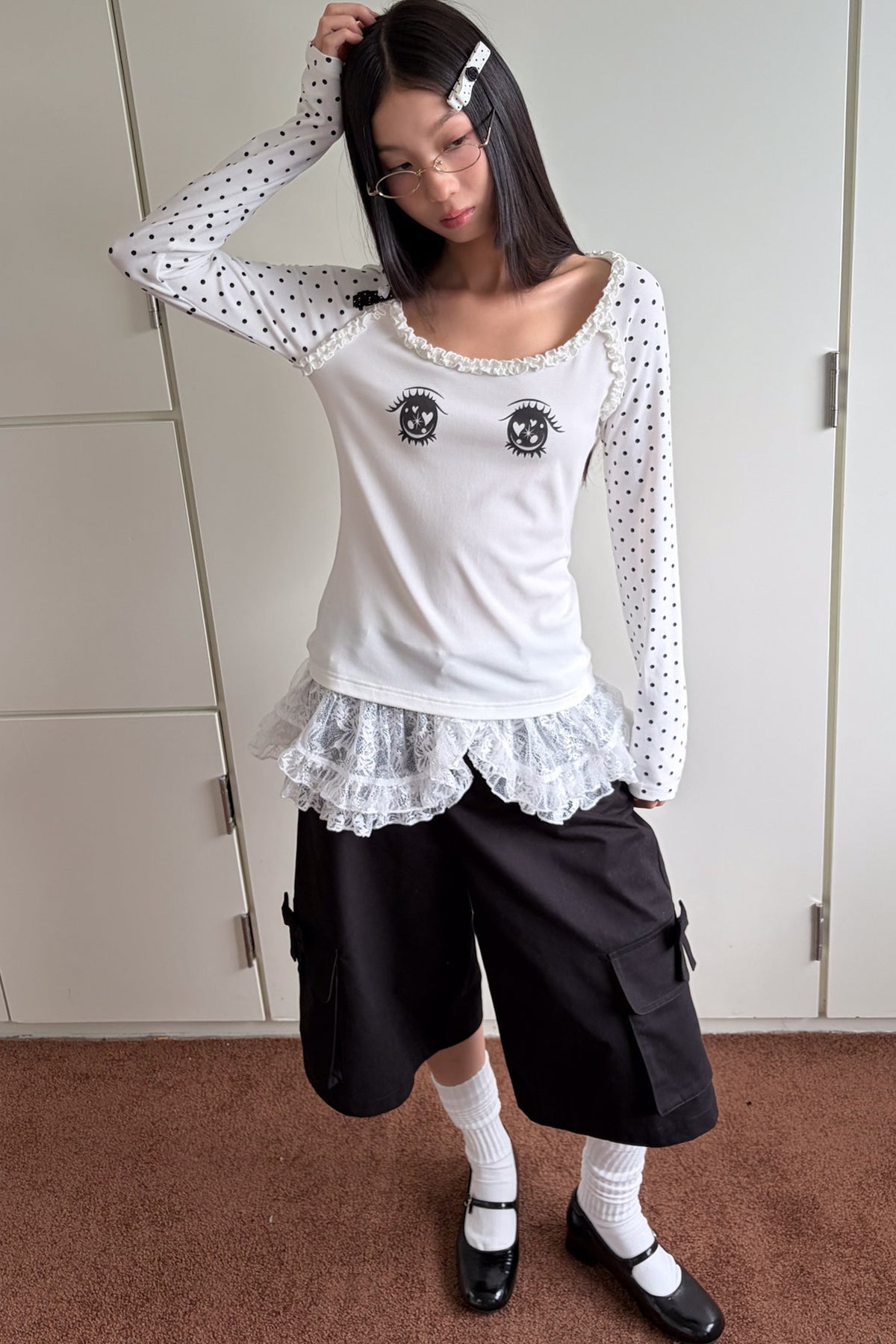 Polka Dot Eye Print Long Sleeve Top