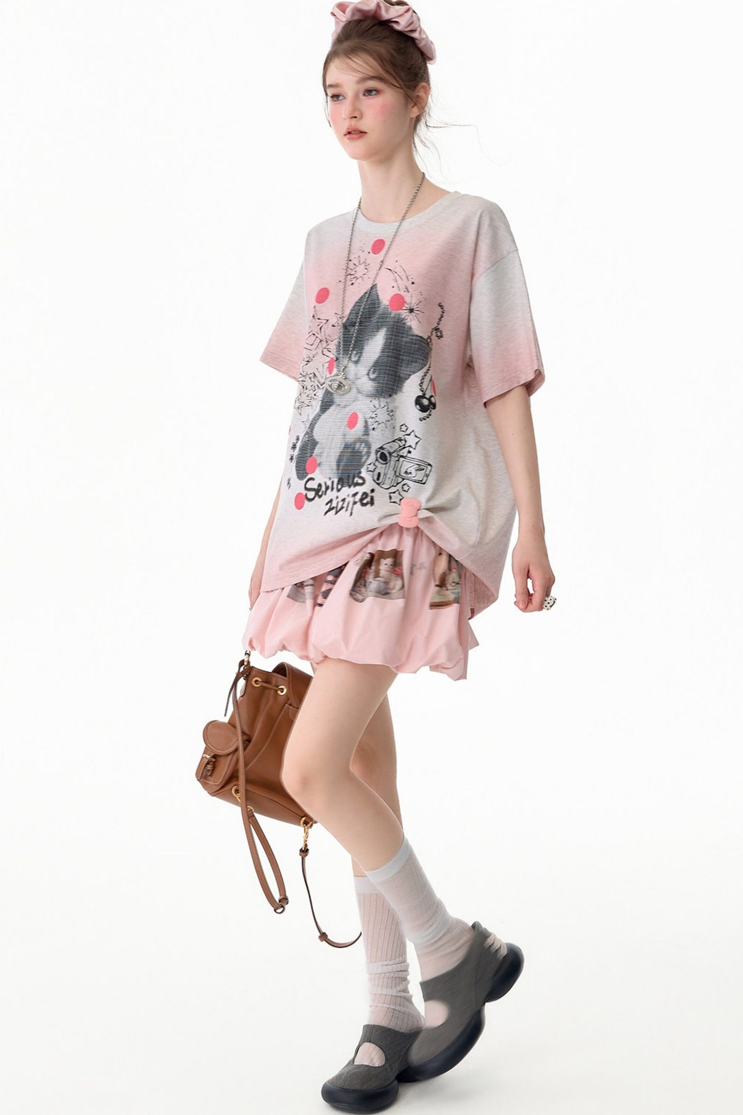 T-Shirt mit rosa Farbverlauf und Katzenprint