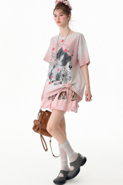 T-Shirt mit rosa Farbverlauf und Katzenprint