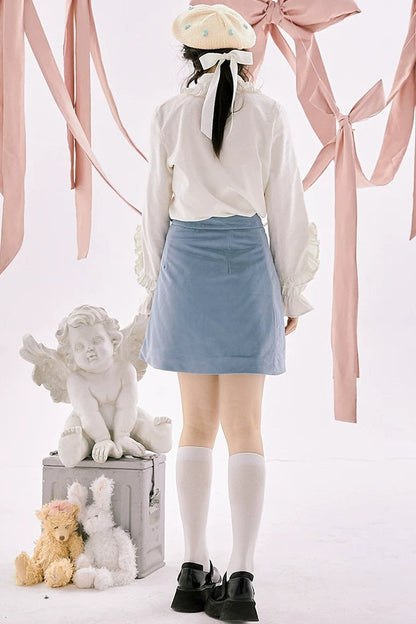 Blue Quilted Velvet A-Line Skirt