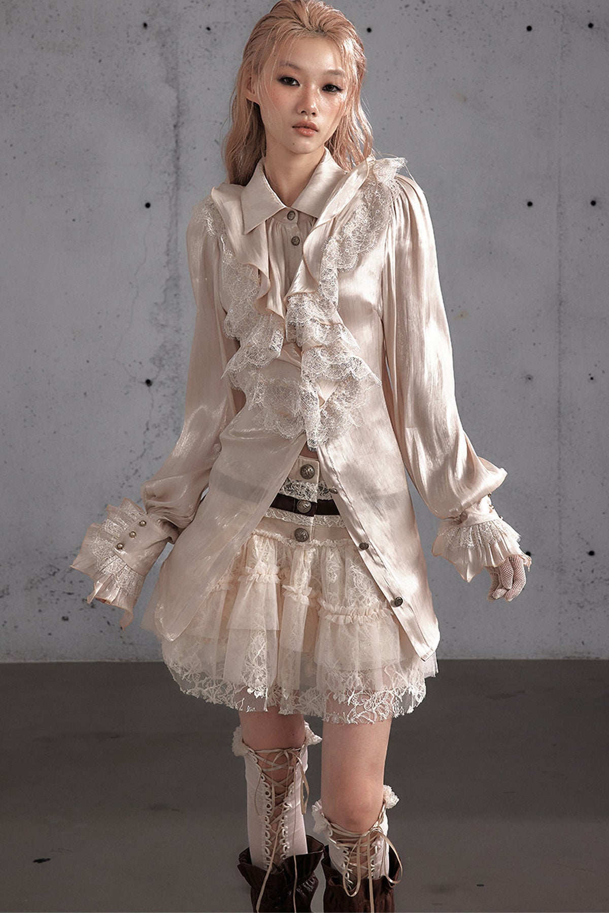 Ruffled Lace Patchwork Satin Blouse