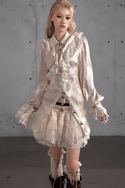 Ruffled Lace Patchwork Satin Blouse