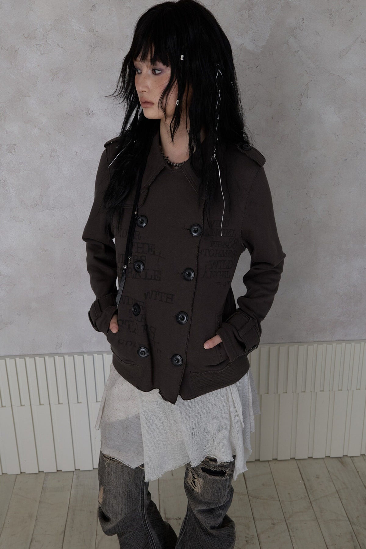 Trench Style Printed Unhemmed Double-Breasted Jacket