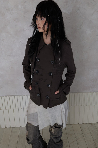 Trench Style Printed Unhemmed Double-Breasted Jacket