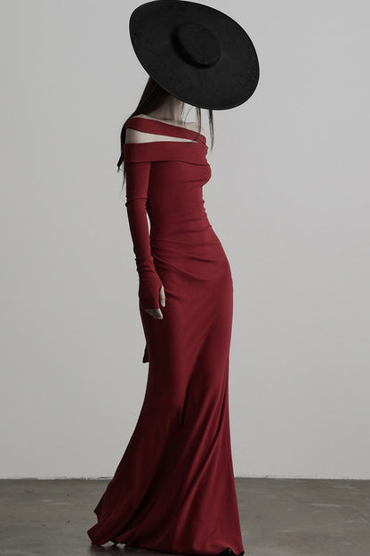 French Off-Shoulder Knitted Long-Sleeve Dress