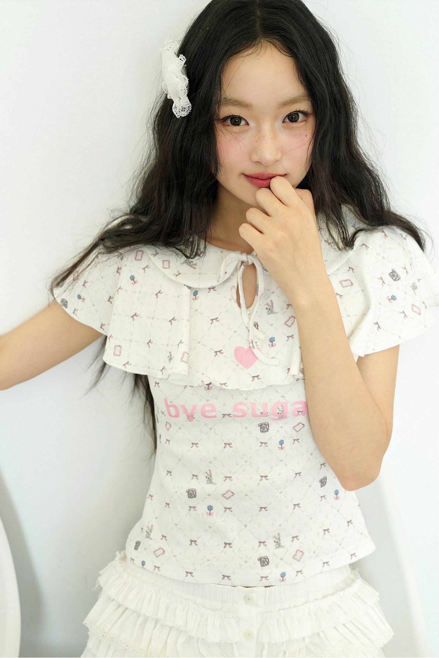 Print Ruffle Collar Top