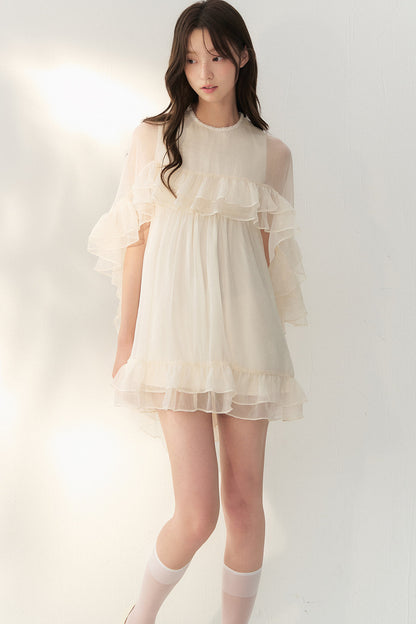 Beige Tulle Cape Ruffle Dress