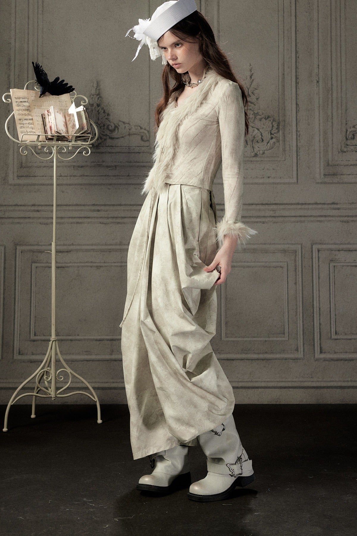 Beige Asymmetrical Stacked Long Pants
