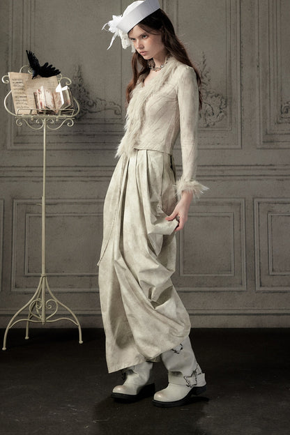 Beige Asymmetrical Stacked Long Pants