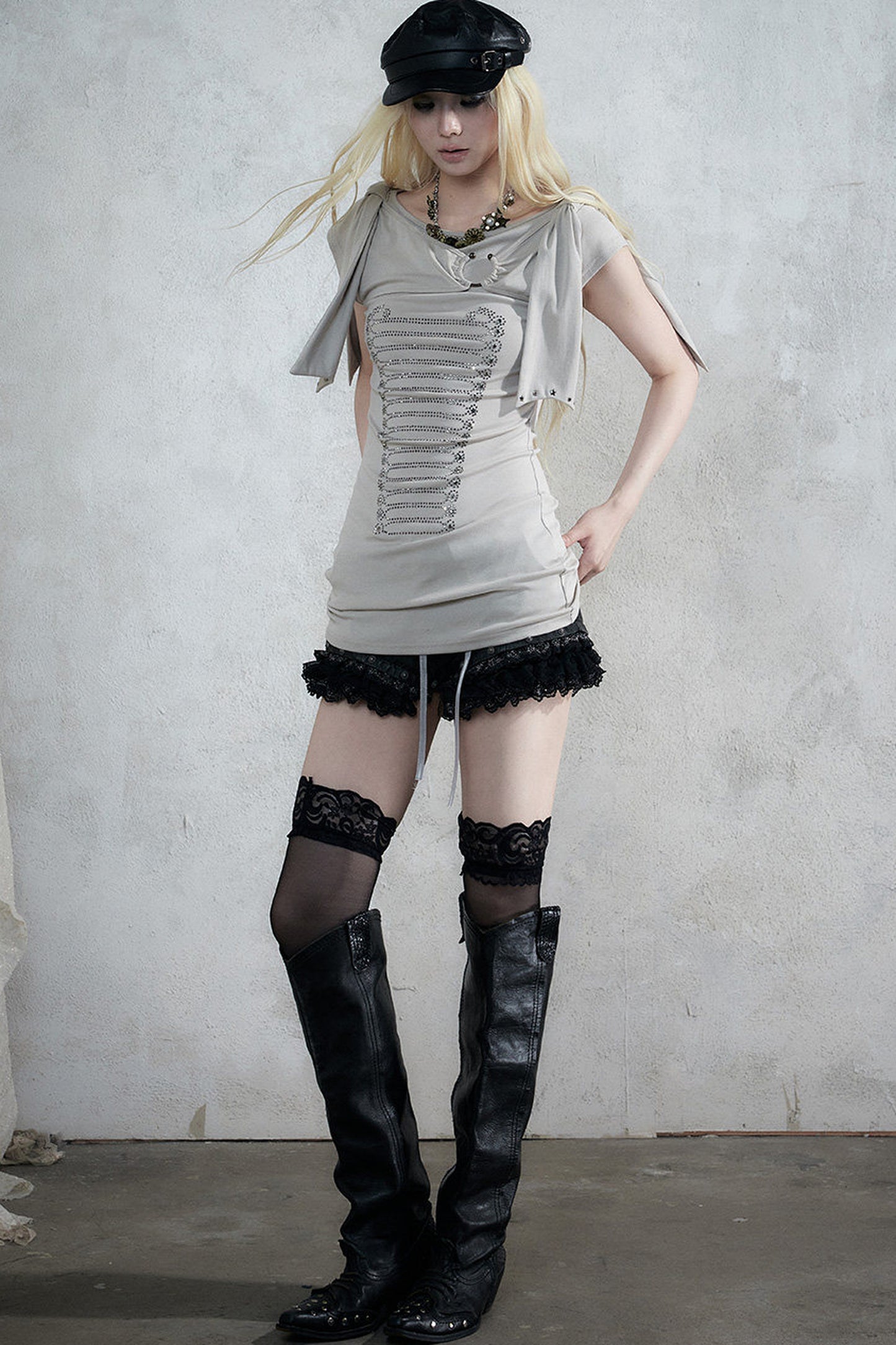 Rhinestone Corset Short-Sleeve Knit Dress