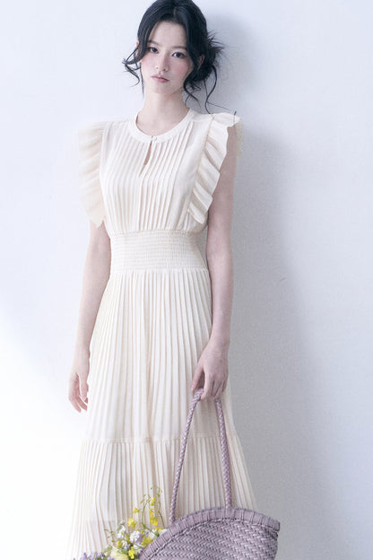 Beige Pleated Ruched Waist Dress