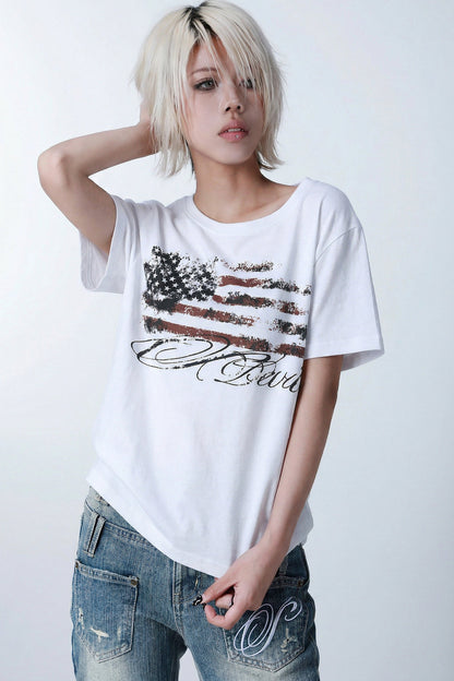 Kurzarm-T-Shirt mit Sternflagge im Used-Look