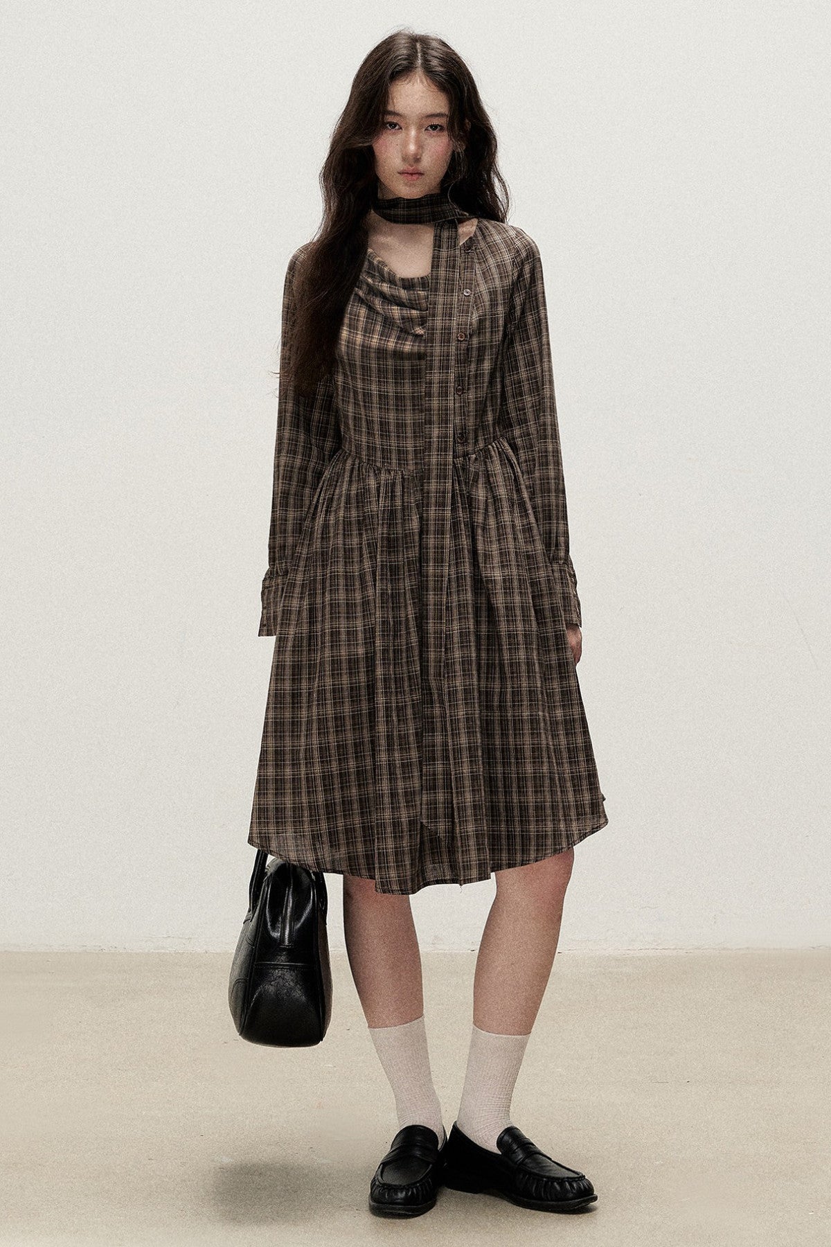 Plaid Diagonal Placket Ribbon Dress