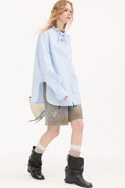 Washed Cotton Scarf-Style Blouse