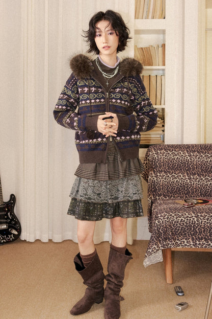 Detachable Fur Collar Fair Isle Hooded Cardigan